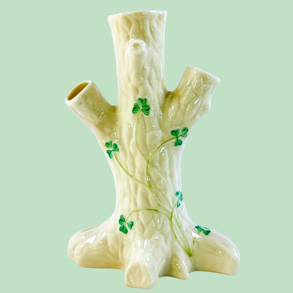 Belleek Ireland Parian China Shamrock Tree Trunk Spill Vase 6th Green Mark BEAUT
